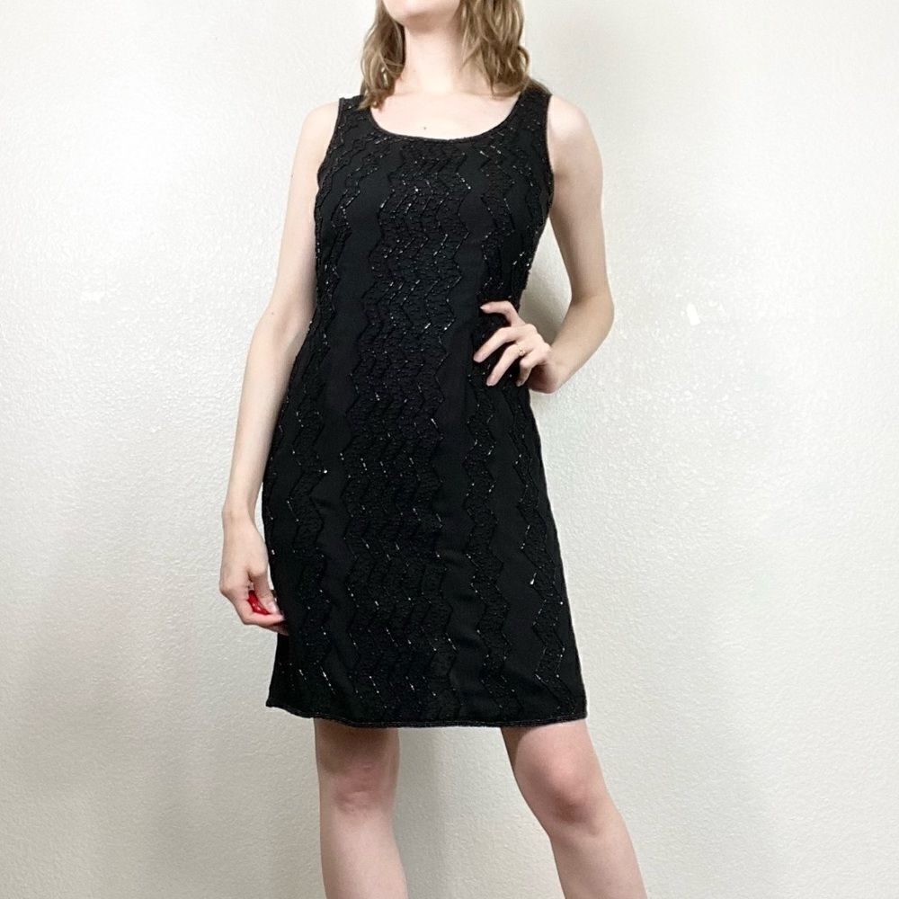 Vintage Papell Boutique Evening Black Silk Beaded Sleeveless Dress
